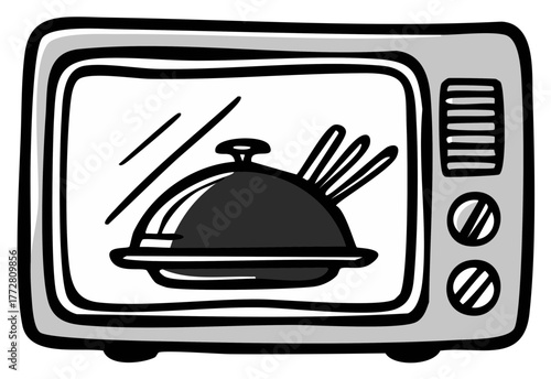 Microwave Oven Cooking Silver Platter with Dome Food Sticks Sketch Cartoon