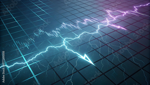 Electric blue and purple lightning strikes across a digital grid with waveform patterns full hd 4k stock image download