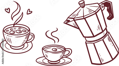 Coffee and moka pot outlines vector set on transparent background. Morning drink cafe beverage doodle art. Coffee break illustration drawing.