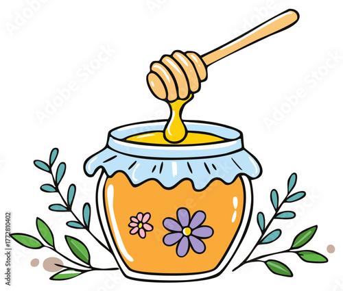 Honey Jar with Dipper and Floral Decoration, Sweet Food, Organic Honey, and Natural Dessert