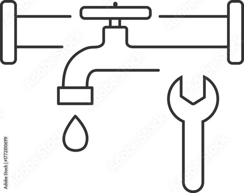 Minimalist plumbing repair icon set, line art design isolated on a white background