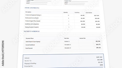 Purchase agreement contract with payment schedule and terms breakdown display