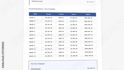 Mortgage payment schedule with amortization breakdown and interest calculation display