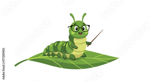 Cute cartoon caterpillar wearing glasses holding a pointer stick on a leaf.