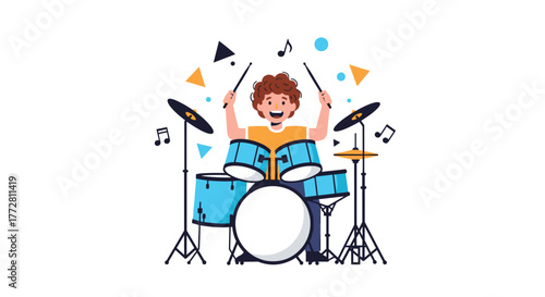 Young drummer enthusiastically playing a drum set with musical notes.