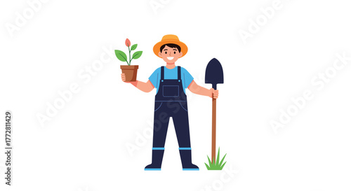 Happy Farmer Holding Plant and Shovel Ready to Plant.