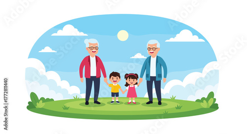 Grandparents and grandchildren enjoying a happy family moment outdoors.