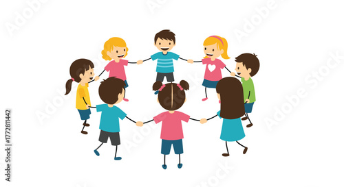 Diverse group of happy children holding hands in a circle.