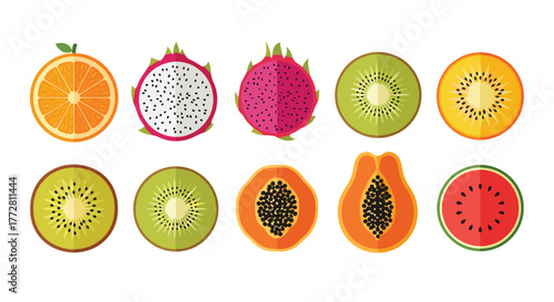 Collection of Fresh Tropical Fruits Sliced and Whole.