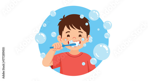 Boy Brushing Teeth with Toothbrush in a Bubble Circle.