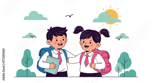 Two happy school children with backpacks walking together.