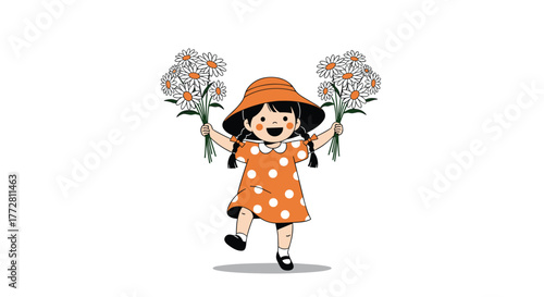 Joyful girl in orange dress and hat holding flowers, smiling happily.