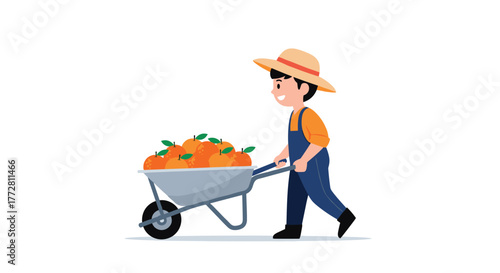 Young Farmer Pushing Wheelbarrow Full of Freshly Harvested Carrots.
