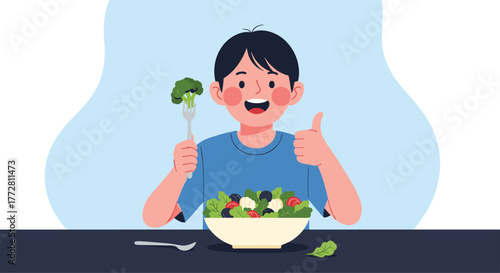 Happy boy enjoying healthy salad with thumbs up gesture.