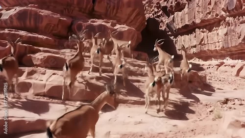 Ibex Herd Walking Across Rocky Desert Terrain Daylight