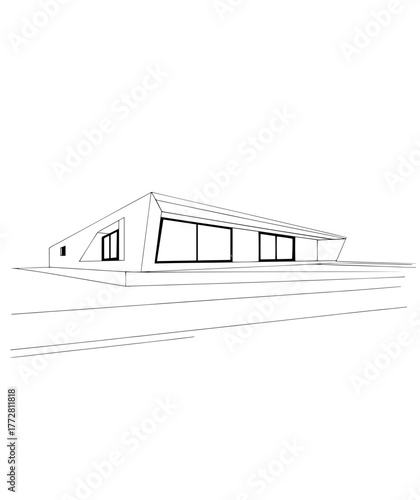 Modern minimalistic architecture of block house with garage. Building exterior of contemporary villa. Private real estate.	