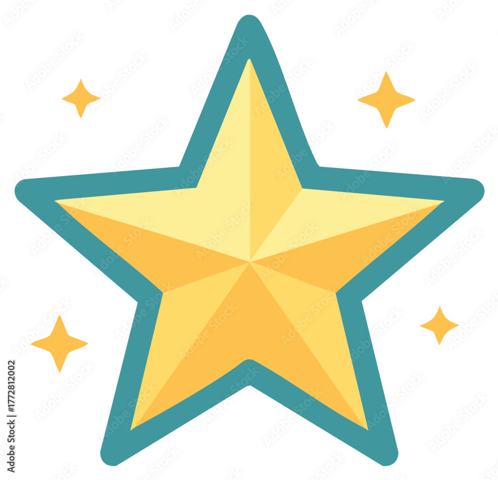 Obraz premium Bright shining golden star icon with teal border and surrounding twinkling sparkles for achievement and success