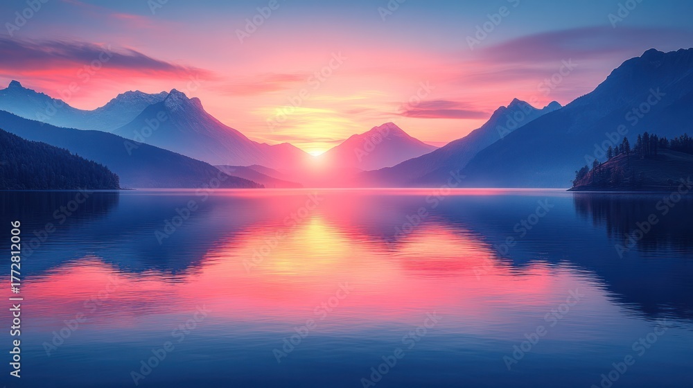 Fototapeta premium Serene Sunset over Mountain Lake: The sun dips below the horizon, painting the sky with vibrant hues, reflected in the calm waters, creating a tranquil vista.