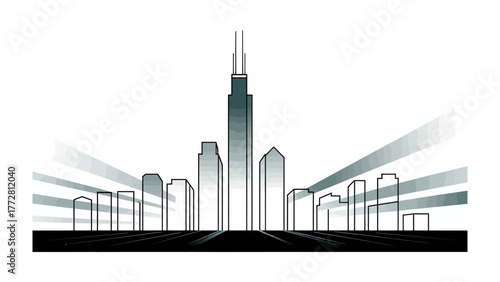 Skyline Silhouette: A minimalistic portrayal of a city skyline, featuring an array of towering skyscrapers and buildings, bathed in an artistic perspective.
