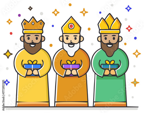 Three Kings holding gifts with crowns in various colors festive holiday design