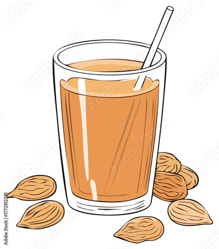 Almond Milk Beverage Glass with Straw and Nuts. Healthy Drink Concept. Vector Illustration