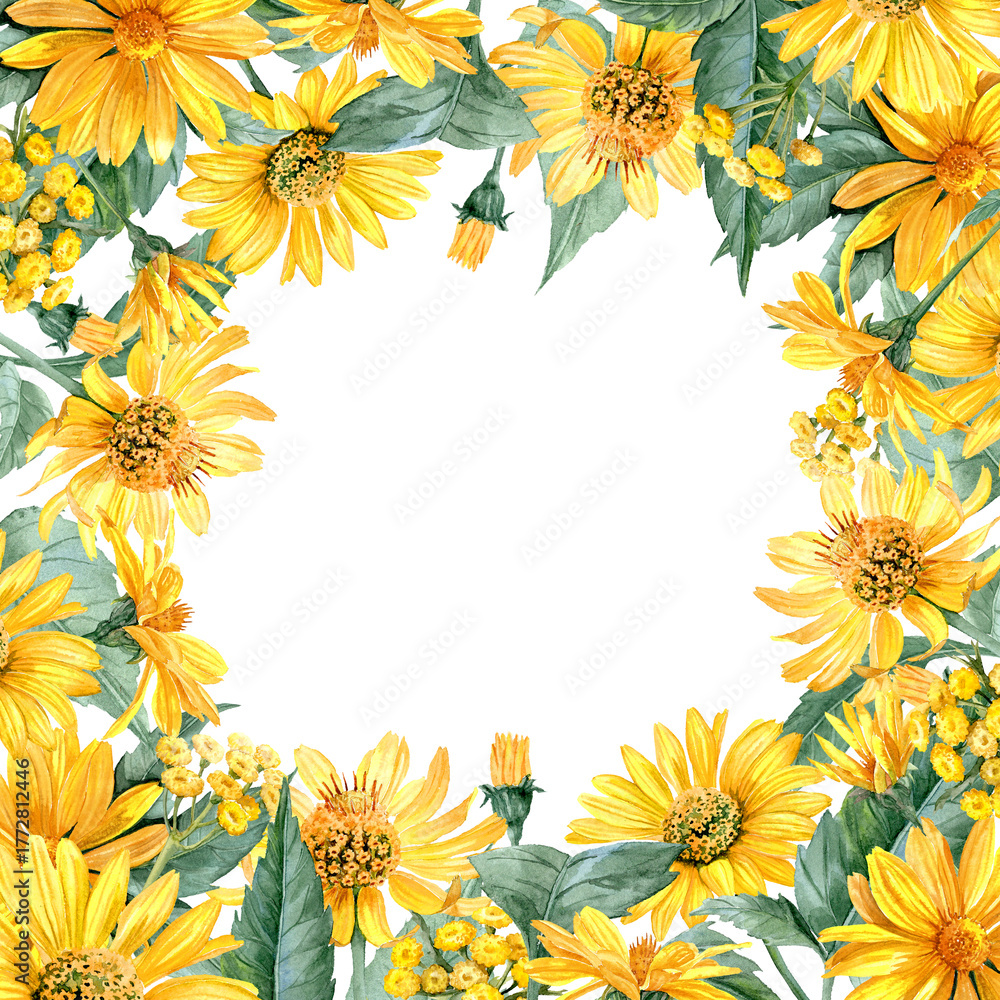 Obraz premium Lush frame in yellow colors with Heliopsis and Tansy