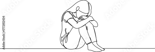 continuous line drawing of sad girl sitting on floor hiding face in hands, line art vector illustration