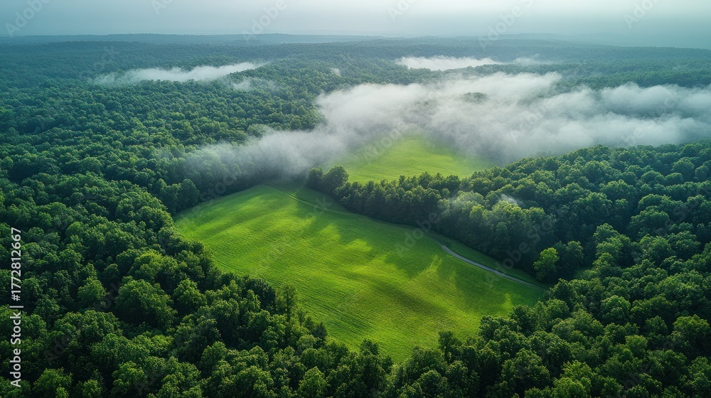 Obraz premium Emerald Canopy: An aerial vista captures the lush expanse of a verdant forest, where sunlight spills into a hidden meadow, creating an intimate contrast between earth and sky.