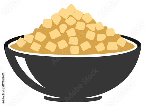 Simple vector icon of a black bowl filled with a mound of cubed food like tofu or croutons