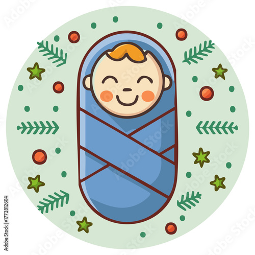 Cute cartoon baby swaddled in blue smiling happily surrounded by festive winter decor