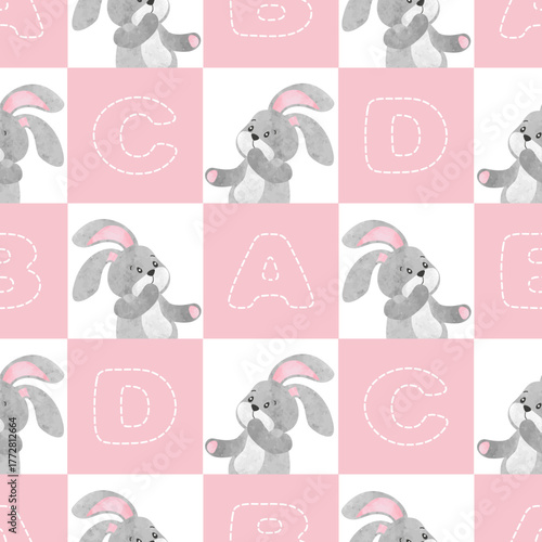 Cute little toy bunny and alphabet pattern. Vector childish print