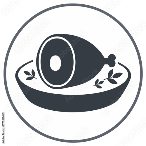 Minimalist icon of a roasted ham leg with leaves on a platter