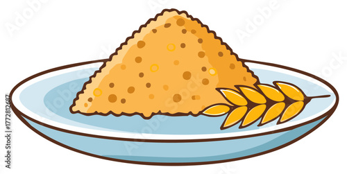 Cartoon illustration of a pile of whole grain flour meal with a wheat ear on a plate