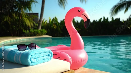 A vibrant pink flamingo float, a blue towel, and sunglasses rest by a sparkling swimming pool.