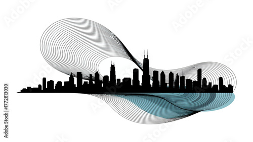 City Skyline Silhouette: A sleek and modern depiction of a city skyline, captured in a minimalist style with flowing lines and a serene color palette. 