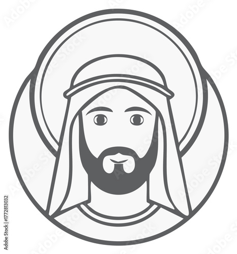 Monochrome Outline Illustration of a Religious Figure with a Halo
