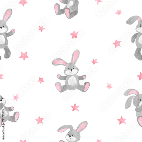 Cute little toy bunny and stars seamless pattern. Vector rabbit ilustration