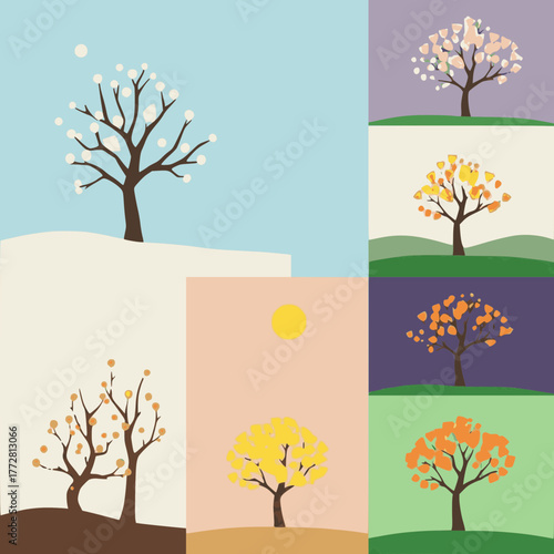 A collage of six images depicting a tree through the four seasons, showing its transformation from bare branches in winter to full foliage in summer and autumn, with a hint of spring blossoms