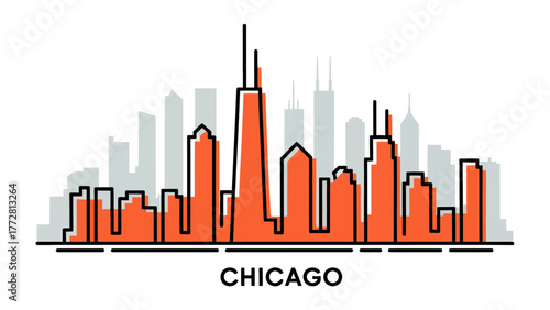 Chicago Skyline: An illustrated Chicago skyline, showcasing its iconic architecture against a clean backdrop, perfect for urban design and travel concepts.