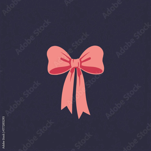 A vibrant coral pink bow, elegantly tied with flowing ribbons, set against a deep, dark navy blue background, symbolizing celebration, giftgiving, and festive occasions