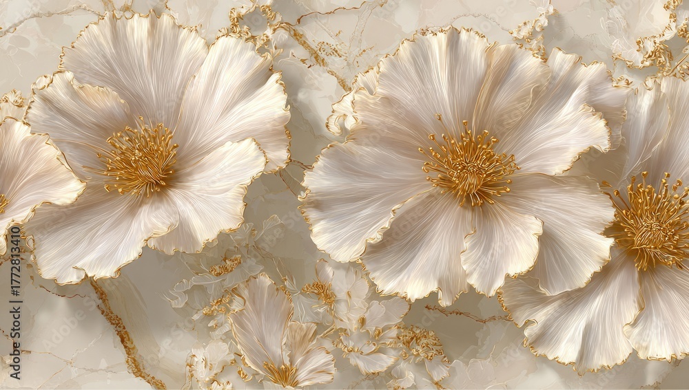 Obraz premium Elegant floral design with white flowers and golden accents on marble background