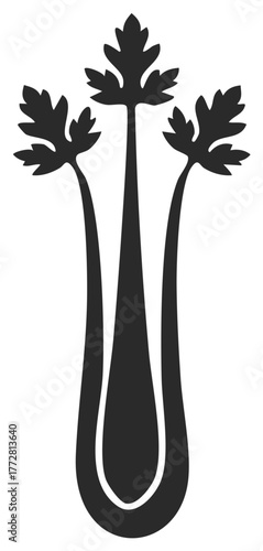 Stylized black silhouette of celery stalks with leafy tops