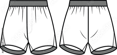 Athletic shorts technical flat sketch, men’s sportswear design illustration, garment template front and back view, elastic waistband, seam detail, clothing drawing