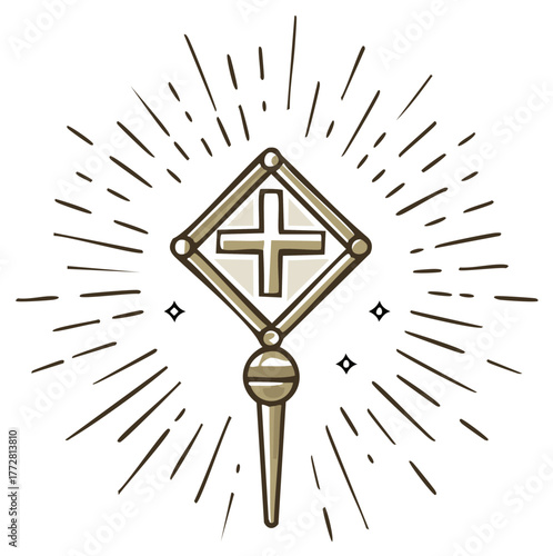 Vintage style monstrance icon with shining holy cross and radiating light rays