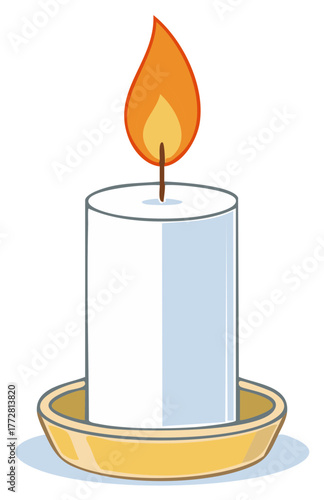 Cartoon Style White Candle with Flame on a Decorative Gold Plate for Celebration and Special Occasion.