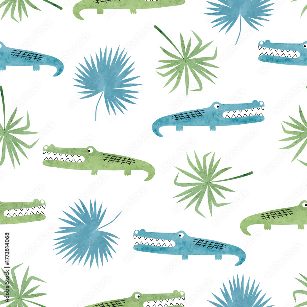 Fototapeta premium Seamless cartoon watercolor crocodile pattern. Vector background with alligators