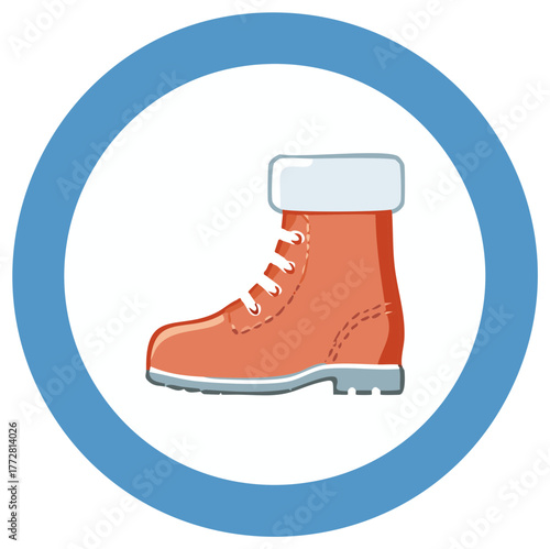 Stylized Illustration of an Orange Winter Boot with Blue Circle Border Design