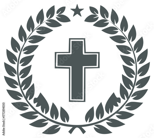Christian cross inside a laurel wreath with a star above symbol of faith and victory