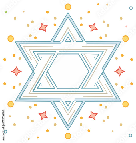 Hand drawn Star of David Jewish symbol with festive stars and confetti for a holiday celebration