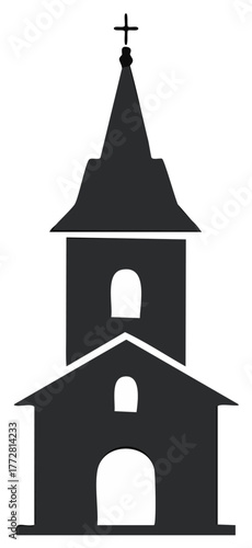 Silhouette of a church with a tall spire and cross against a white background